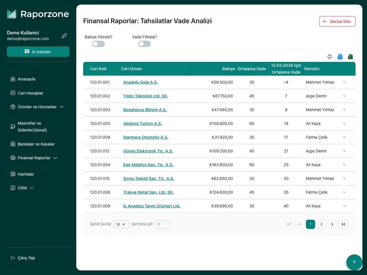 Vade/Borç Analiz Tablosu